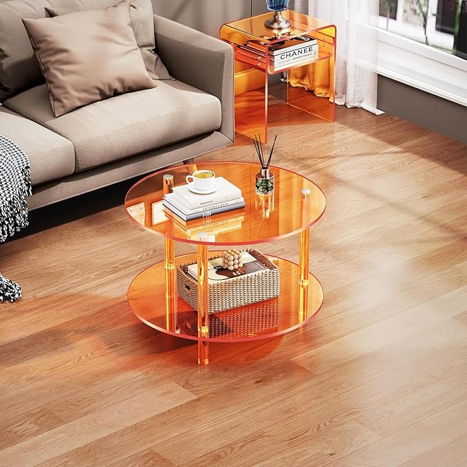 Clear Acrylic End Table 2-Tier Bedside nightstand for Living Room Bedroom Home Decor (Orange)