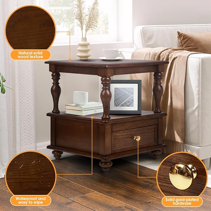 Traditional Square End Table with 1 Drawer and 2 Hidden Compartments for Living Room, 2-Tier Couch Side Table with Storage Shelves for Small Spaces, Solid Wood Nightstand for Bedroom, Walnut
