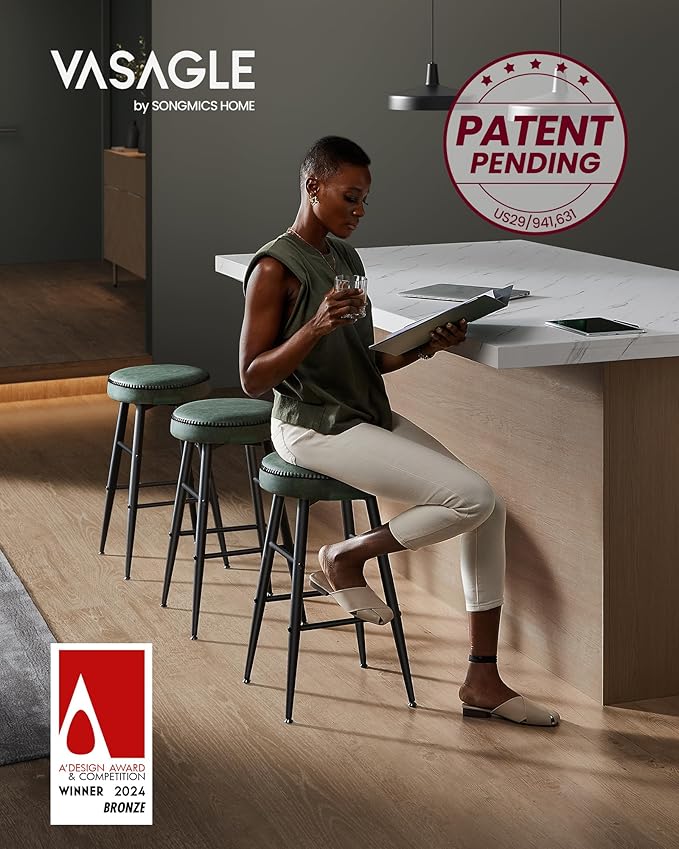 VASAGLE EKHO Collection - Bar Stools Set of 2, Counter Height Bar Stools, Kitchen Counter Stools, Mid-Century Modern Backless Counter Stools, 24.8-Inch Tall, Kitchen Island Home Bar, Forest Green
