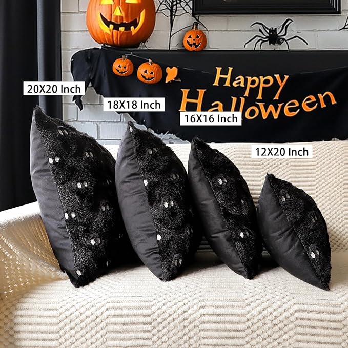4TH Emotion Halloween Ghost Decorative Pillow Covers 16x16 Set of 2, Black Soft Plush Faux Fur Farmhouse Throw Cushion Cases for Fall Autumn Holiday Home Decorations