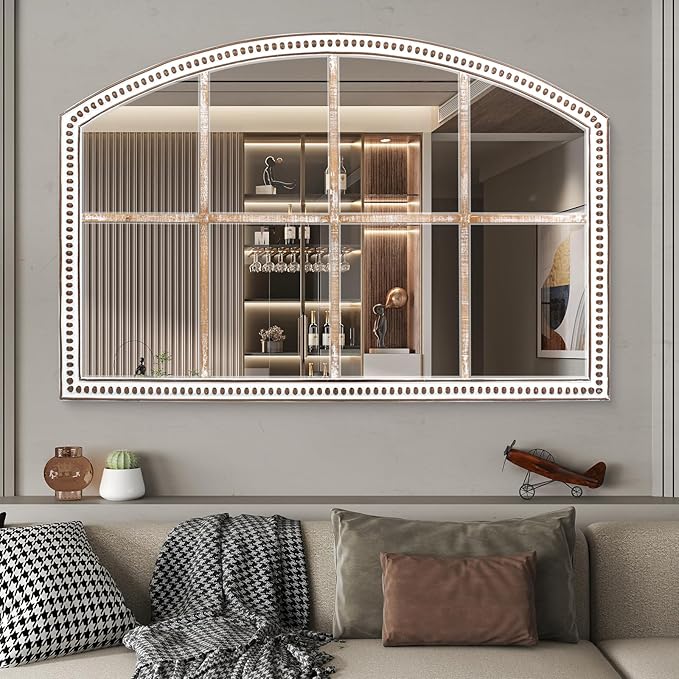 Farmhouse Windowpane Wall Mirror 28x42 Inch, Large Rustic White Wood Mirror Decorative for Living Room, Bedroom, Entryway, Hallway
