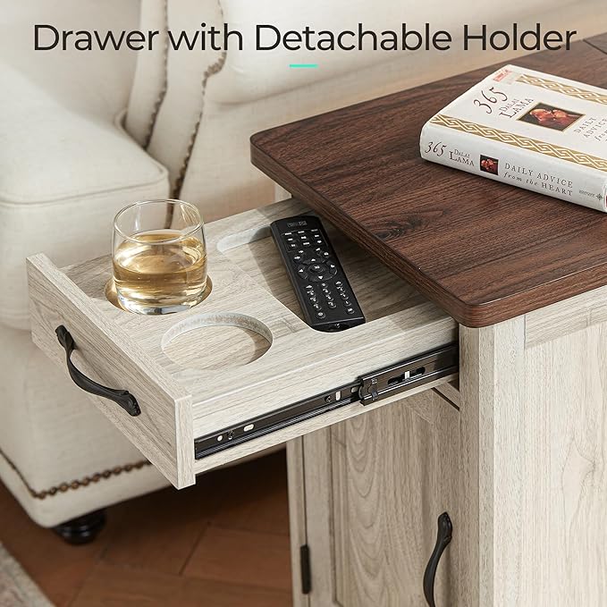 LINSY HOME End Table Set of 2 with Charging Station, Modern Farmhouse Sofa Couch Side Table, Wooden Bedside Table for Living Room Bedroom, Narrow Nightstand with Storage Cabinet for Small Space