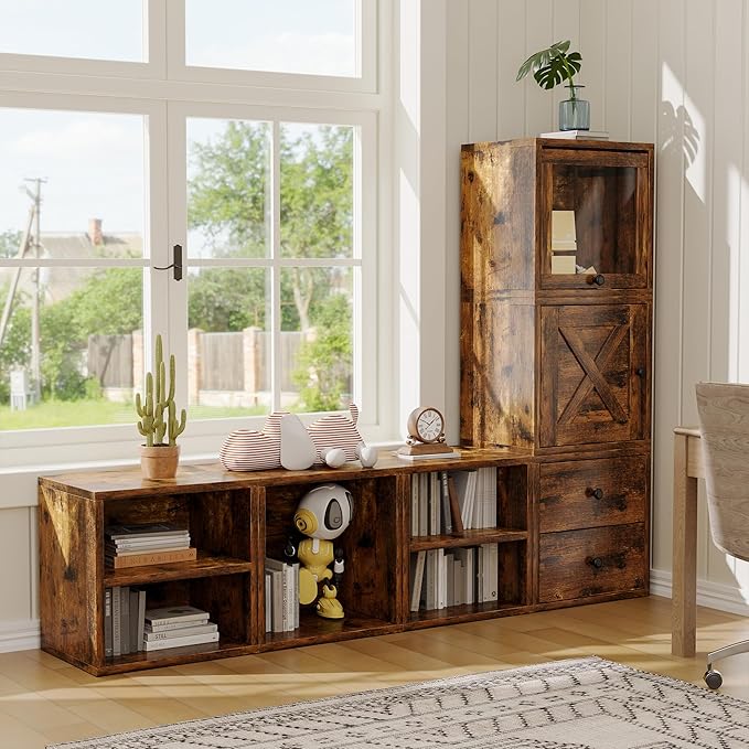 FUSUNBAO Magic DIY Cube Storage Organizer Stackable Cubes for Home Books Clothes Toy-Modular Cubby Storage System-Office Cubical-Bookcase Closet (Antique Brown, Drawer Cube)
