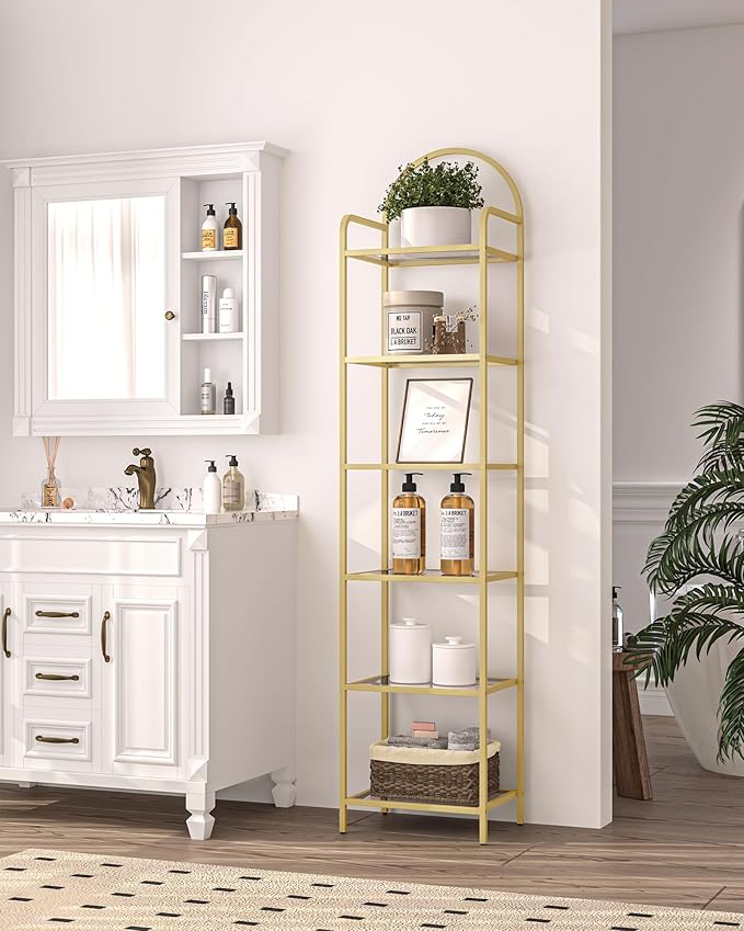 Bookcase Bookshelf, Tempered Glass Bookshelves, Slim Shelving Unit for Bedroom, Bathroom, Home Office, Steel Frame, 6 Tier Gold BC10601G