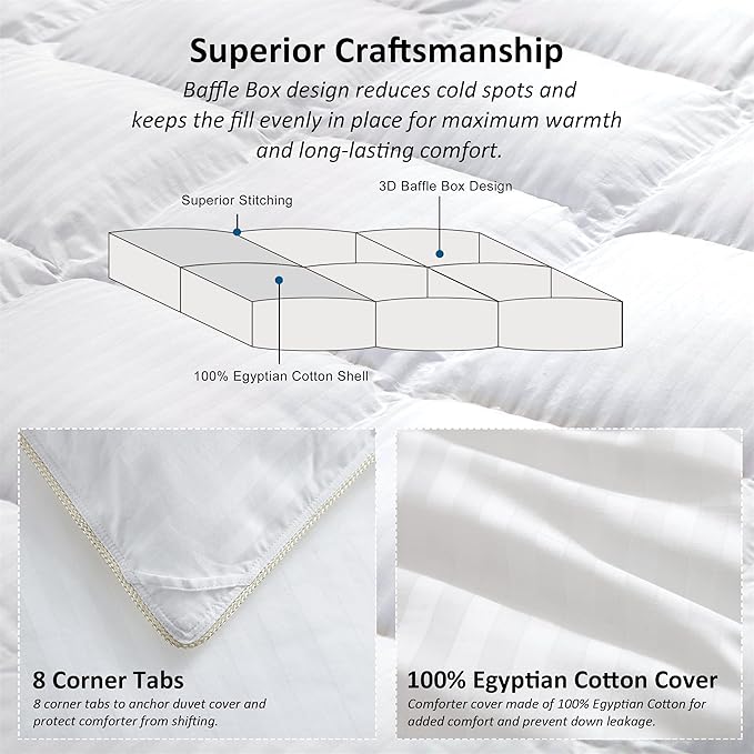 Luxurious All-Season Goose Down Feather Fiber Comforter Duvet Insert, Exquisite King White Stripe Design, Premium Baffle Box, 100% Cotton Down Proof Fabric, 65 oz. Fill Weight