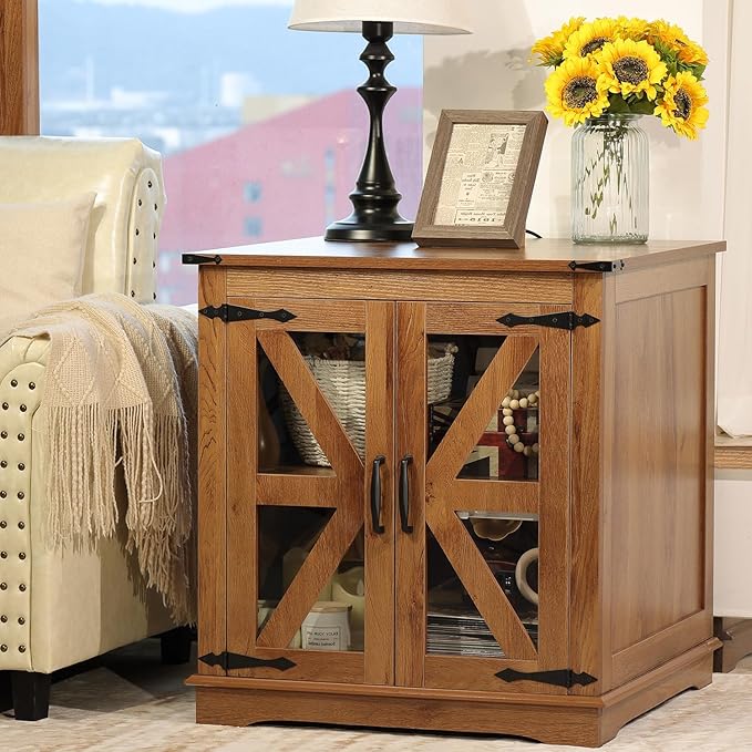 Farmhouse End Table, 24" Large End Tables with Storage, Rustic Square Sofa Beside Table with Glass Barn Door, Wood Side Table Square Nightstand for Living Room, Bedroom, Office (Vintage Brown)