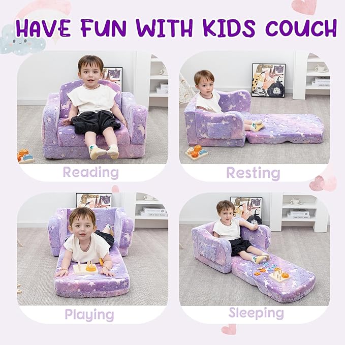 Comfy Toddler Couch and Chair for Kids with Blanket, 2-in-1 Soft Plush Fold Out Kids Sofa Chairs for Girls and Boys, Convertible Sofa to Lounger for Playroom