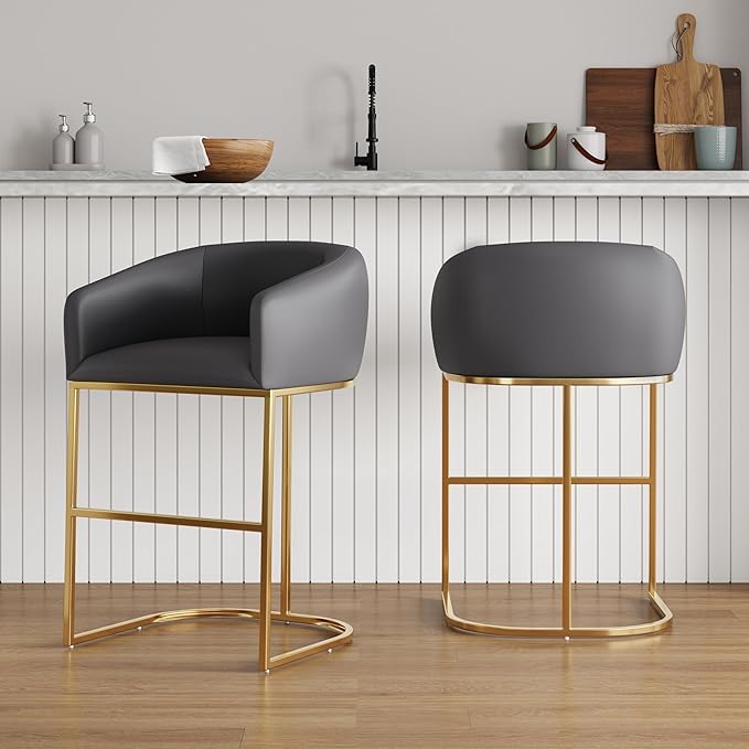 Manhattan Comfort Louvre 26 Inch Mid Century Modern Counter Height Bar Stools - Elegant Faux Leather Padded Seat, Stainless Steel Base with Footrest, Fully Assembled Barstools, Set of 2, Grey