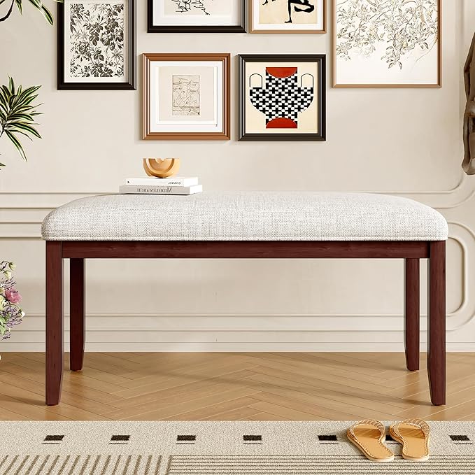 Merax Upholstered Dining Bench, with Padded Seat and Solid Wood Leg for Kitchen Bedroom, Living Room, Indoor, Entryway, Hallway, End of Bed, Cherry+Beige