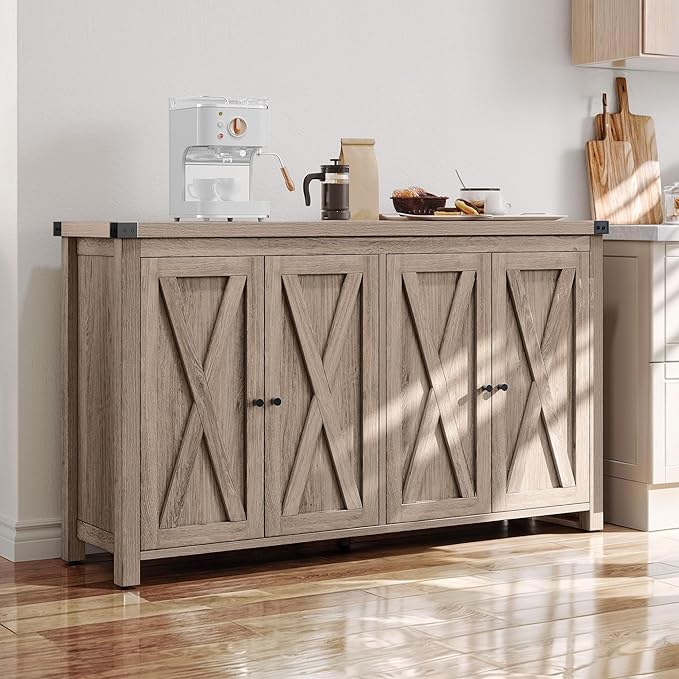 YITAHOME Buffet Cabinet with Storage, 55'' Modern Farmhouse Coffee Bar Cabinet w/4 Doors ＆Adjustable Shelf, Wood Large Kitchen Storage Cabinet with Barn Doors for Kitchen, Living Room, Grey-Brown