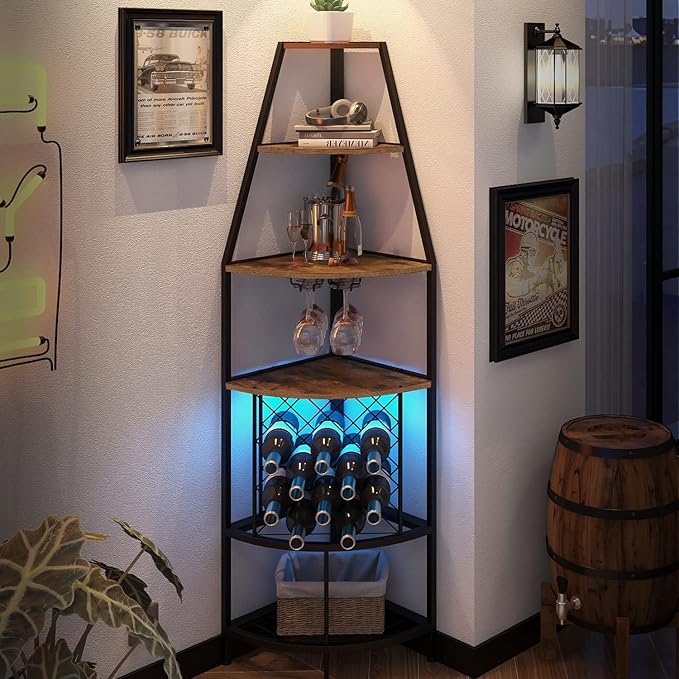 5-Tier Corner Wine Rack with LED Light Floor Standing Wine Rack with Glass Holder and Bottles Wine Storage Home Bar Furniture for Kitchen Living Dining Room (Rustic Brown)