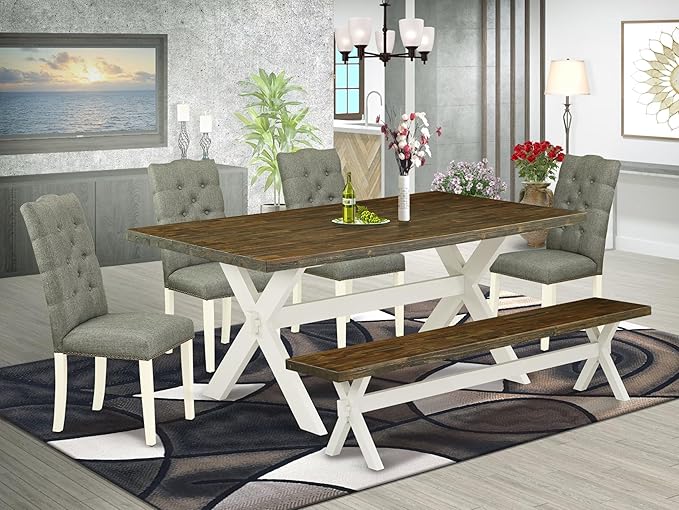 East West Furniture V077EL207-6 6 Piece Dining Set Contains a Rectangle Dining Room Table with V-Legs and 4 Gray Linen Fabric Parson Chairs with a Bench, 40x72 Inch, Multi-Color