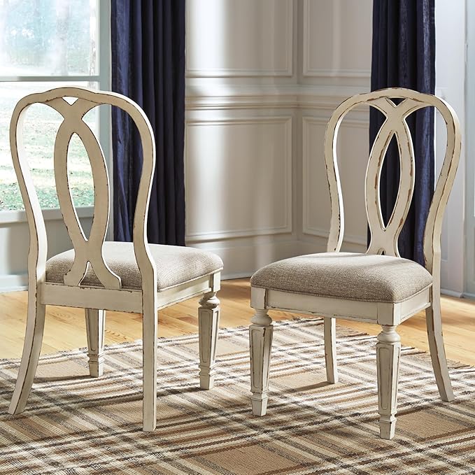 Signature Design by Ashley Realyn French Country Ribbon Back Dining Chair, 2 Count, Chipped White