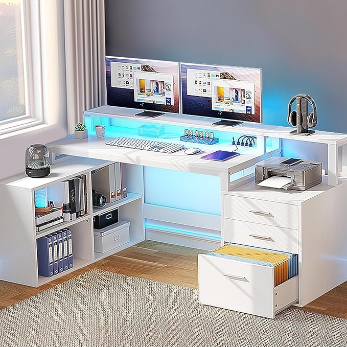 DWVO L Shaped Desk with Drawers, 65" Computer Desk with Power Outlets & LED Lights, Corner Home Office Desk with Storage Shelves & Printer Stand, White