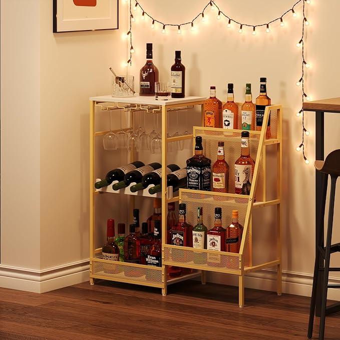 Gold Liquor Stand with Glass Holder, Multifunctional Wine Rack Freestanding Floor with Fences, Mini Bar Table for Liquor Whiskey Wine, 3-Tier Trapezoidal Liquor Cabinet for Home Bar (Patent Pending)