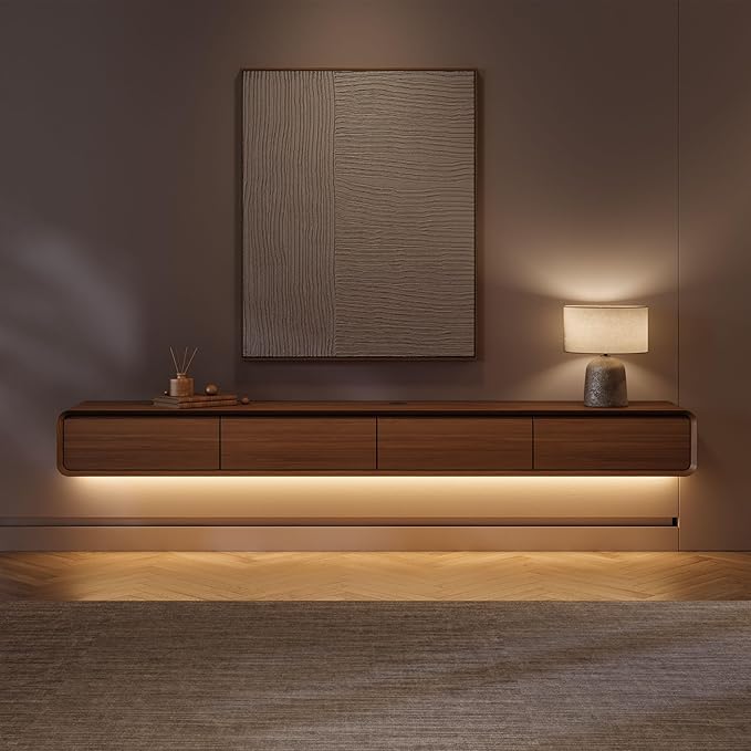 POVISON Fully-Assembled Minimalist Floating TV Stand with LED Lights, Modern Wall-Mounted Media Console with 4 Drawers for 85 Inch TV, Walnut Veneer, 94"