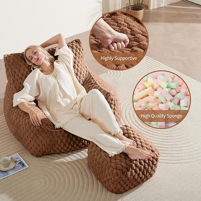 Bean Bag Chair with Ottoman - Modern Comfy Beanbag Sofa with Footrest, Soft Faux Fur Lounger Chair for Adults Teens, Cozy Memory Foam Filled Gaming Reading Chairs for Bedroom, Living Room (Brown)