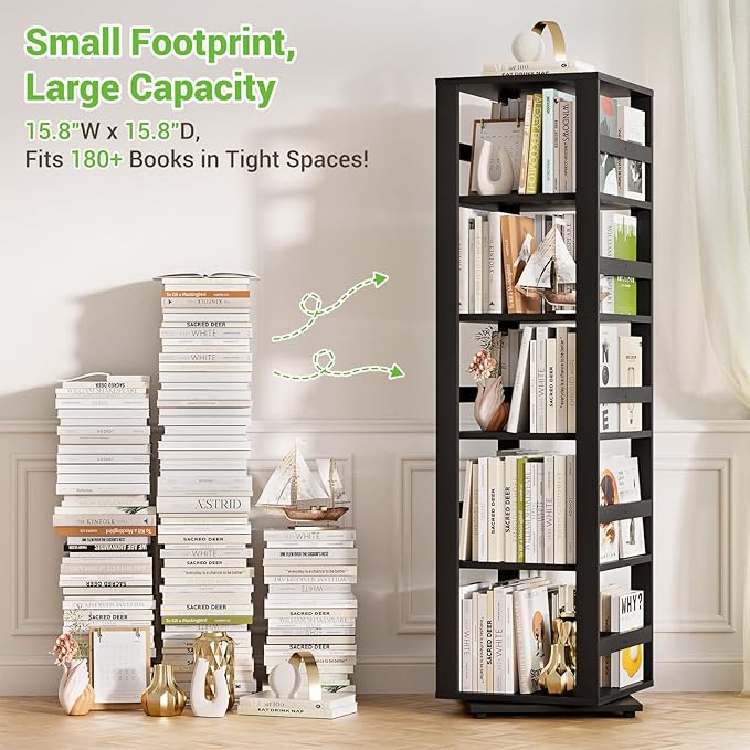 Homykic Rotating Bookshelf, Bamboo 360 Display Spinning Bookshelf Tower, 5-Tier Small Corner Bookcase for Small Spaces, Narrow Revolving Book Shelf Organizer Rack for Home Office, Black