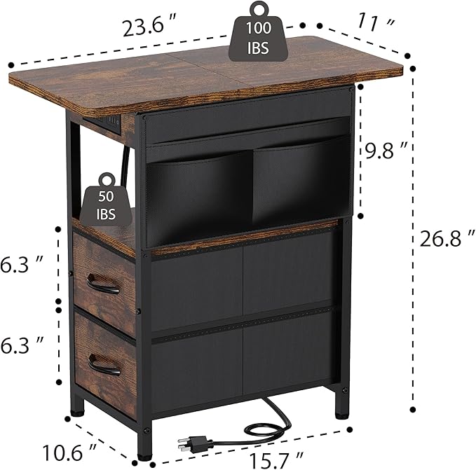 Small Side Table with Charging Station, Narrow Nightstand Bedside Tables with Storage Pocket for Living Room Bedroom, Sofa End Table with USB Ports and Power Outlets for Small Spaces