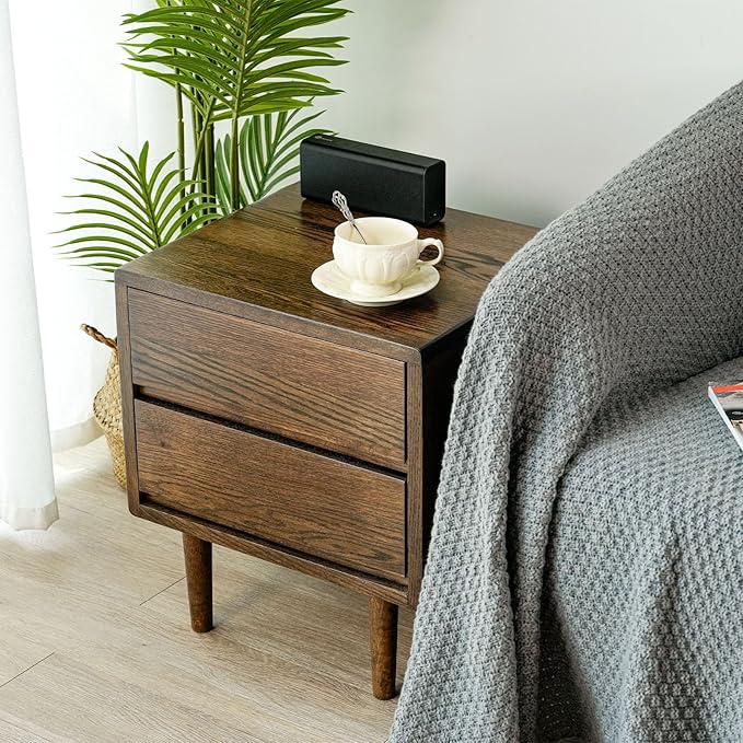 Night Stand, Mid Century Modern Nightstand w/2 Drawers, Boho Small Bedside Table, Oak Solid Wood, 17.72 W x 15.75 D x 19.69 H Inches (Walnut, Double Drawer)