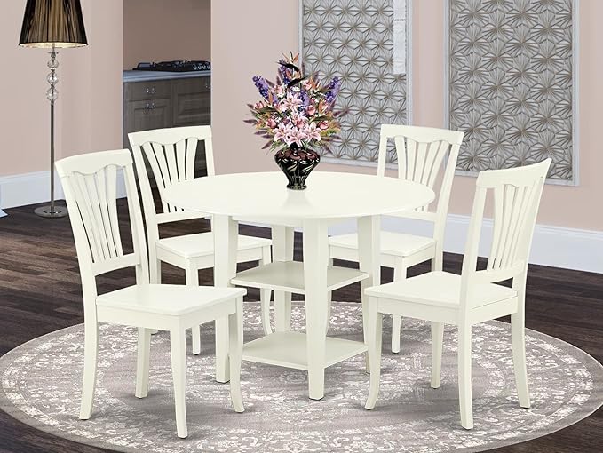 East West Furniture SUAV5-LWH-W 5 Piece Dining Table Set for 4 Includes a Round Kitchen Table with Dropleaf & Shelves and 4 Kitchen Dining Chairs, 42x42 Inch, Linen White