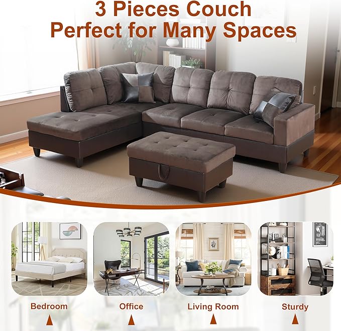 Osparple L Shaped Couch Sectional Couches for Living Room Upholstered Flannel 3 Pieces Modular Sectional Sofa with Chaise, Ottoman with Storage for Living Room and Small Apartment, Deep Brown