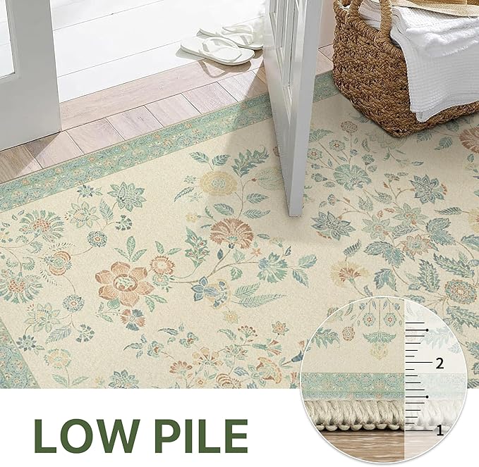 GENIMO 6x9 Area Rugs for Living Room, Machine Washable Non Slip Vintage Rugs, Low Pile Lightweight Chenille Print Rug for Bedroom, Dining Room, Home Office, Beige/Green