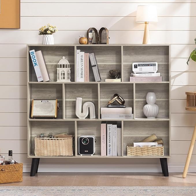 LEYAOYAO 10 Cube Bookshelf,3 Tier Modern Wide Bookcase with Legs,Mid-Century Wood Bookshelves Storage，Retro Grey Large Book Case,Freestanding Organizer Display Shelf for Bedroom,Living Room,Office