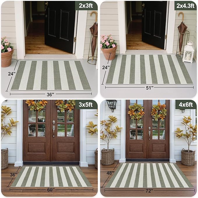 OJIA Outdoor Rug 3'x5', Washable Entryway Rugs Indoor Fall Front Door Mat Cotton Woven Checkered Front Door Rug Small Area Rug Halloween Doormat for Porch Kitchen Patio Bathroom (Green/White/Tan)