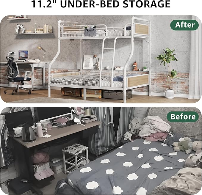 Metal Bunk Bed Twin Over Full, Industrial Bunkbeds Heavy Duty Bed with Safety Guard Rails and Space-Saving Design, Steel Bed for School, Bedroom (White)