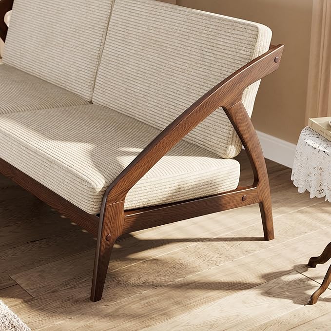 73.4" Solid Wood Upholstered Sofa, Comfortable Seat Cushion, White Waxwood Full Solid Wood Frame, Removable Cover, Suitable for Bedroom and Living Room, Easy to Assemble, Office Sofa