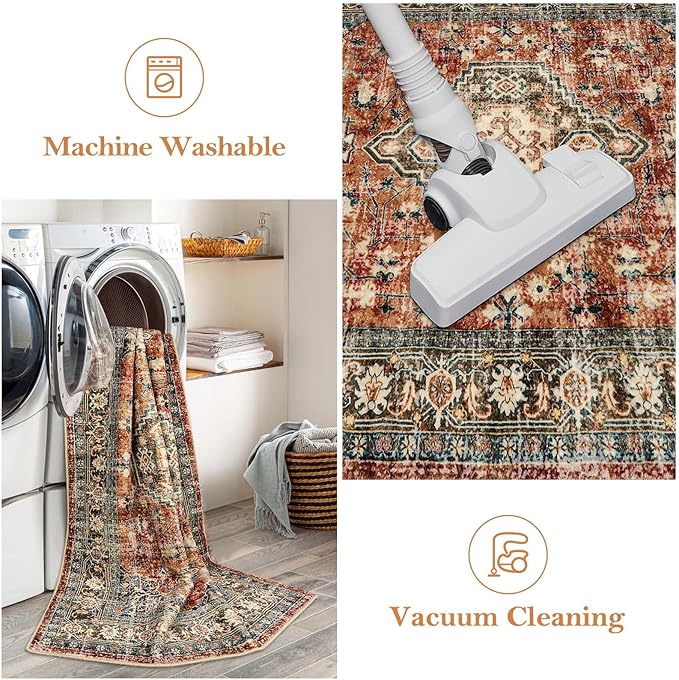 Lahome Oriental Washable Small Area Rug, 2x3 Rugs for Entryway Kitchen, Ultra-Thin Soft Indoor Door Mat Non Slip Throw Carpet for Bedroom Bathroom, Brick Red