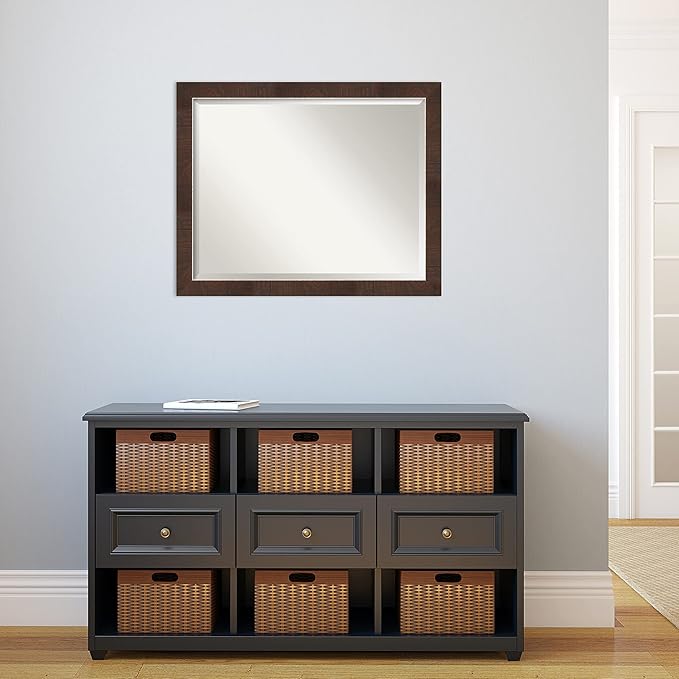 Amanti Art Brown Bathroom Mirror for Over Sink, 25x31 Wildwood Brown Narrow Rectangle Vanity Mirror, Large Rustic Farmhouse Frame, Hangs Horizonally and Vertically, Bathroom Wall Decor, Beveled Edge