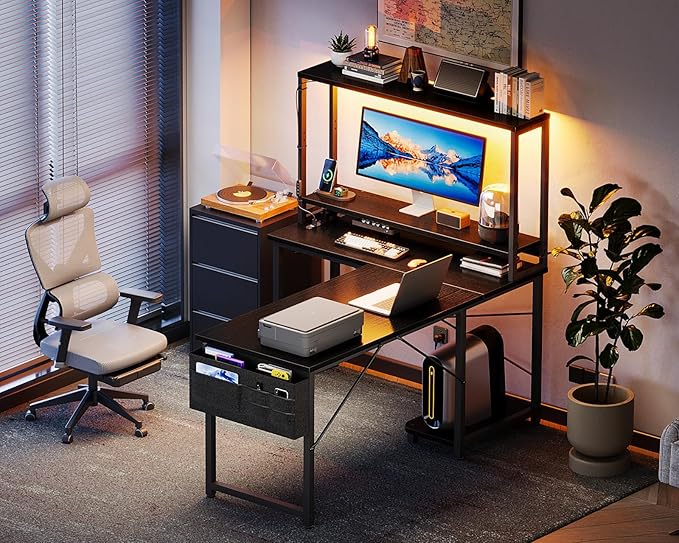 AODK L Shaped Desk Gaming Desk with LED Light & Power Outlet, 43 Inch Reversible L Shaped Computer Table with Shelf, Corner Desk with Storage Bag&Hook for Home Office Desk, Black