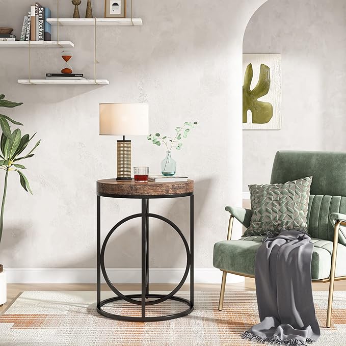 Tribesigns Round End Table for Living Room, 20-Inch Wide, Industrial Side Table with Metal Frame and Wood Top, Modern Circle Accent Table, Tall Narrow Nightstand for Bedroom (Rustic Brown)