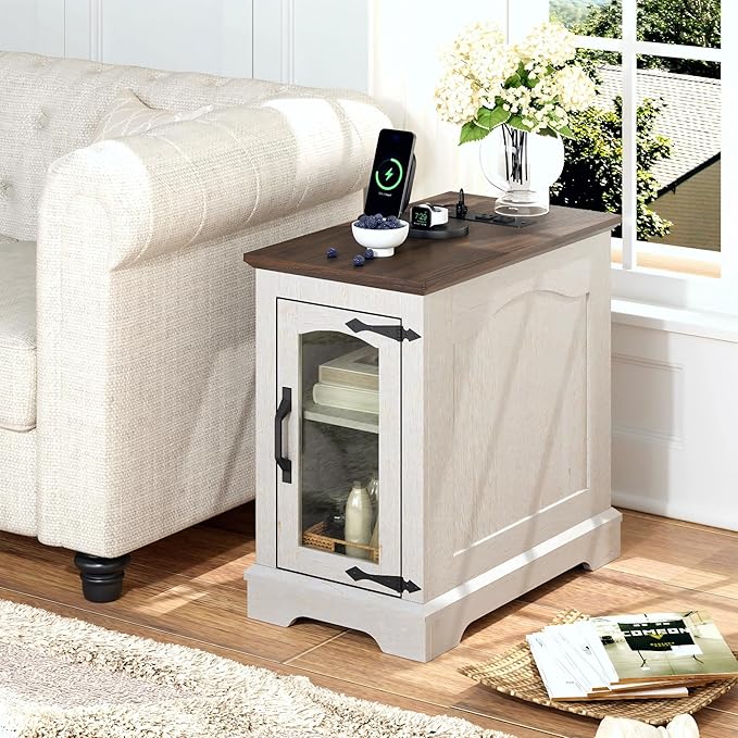 End Tables Set of 2 with Charging Station,13.8"W Narrow Side Table with Storage for Sofa Couch or Bed Side with Outlets & USB Ports, Farmhouse Nightstand with Glass Door for Bedroom Livingroom