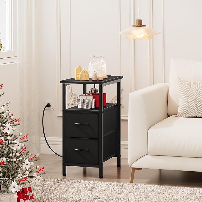 Vagusicc End Table with Charging Station Set of 2, Narrow Side Table, 23.8'' Tall Nightstand with 2 Drawers, Small Sofa Side Table Narrow Nightstand for Small Spaces, Living Room, Bedroom, Black