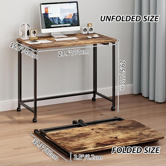 JSB Small Folding Computer Desk with Storage Bag and Hook Writing Modern Industrial Work Table Laptop for Home Office White (Rustic & Brown, 27.6")