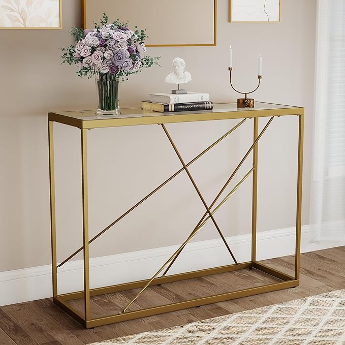 OIOG Glass Console Table for Entryway, Modern Sofa Table with Temperes Glass Tabletop and Golden Frame, Gold Entryway Table for Living Room, Foyer, Dining Room, Home Office