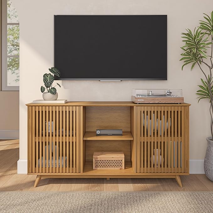 Plank+Beam Mid-Century Modern Wood TV Stand, Solid Wood Entertainment Console with Storage, 59" L x 16" W x 30" H, Pecan