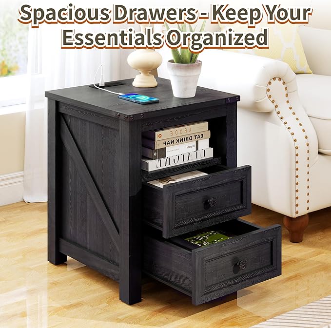 Vipbear Nightstand Set of 2, 18” Wide Farmhouse Night Stand with Charging Station for Bedroom, End Table with 2 Drawers Living Room Wood Sofa Side Table with Storage, Black