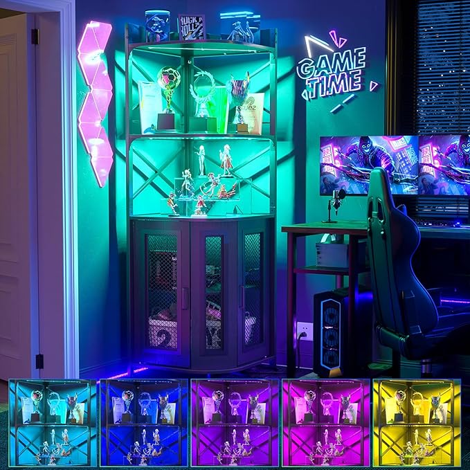 Aheaplus Corner Bar Cabinet with Power Outlet, Industrial Wine Cabinet with LED Strip and Glass Holder, 5-Tiers Liquor Cabinets Bar Unit for Home, Corner Display Cabinets for Small Space, Black