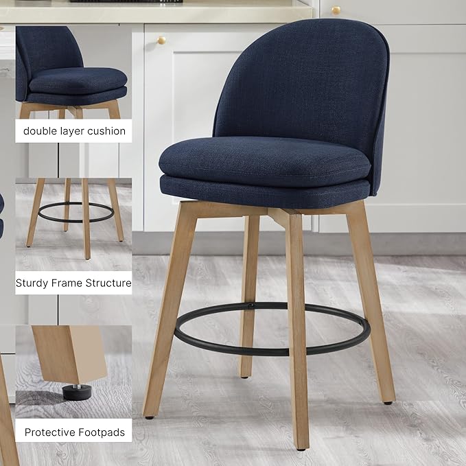 Counter Height Barstools 26 inch Upholstered Swivel Bar Stools with Back and Wood Legs for Kitchen Island,Set of 2,Blue Fabric-Armless