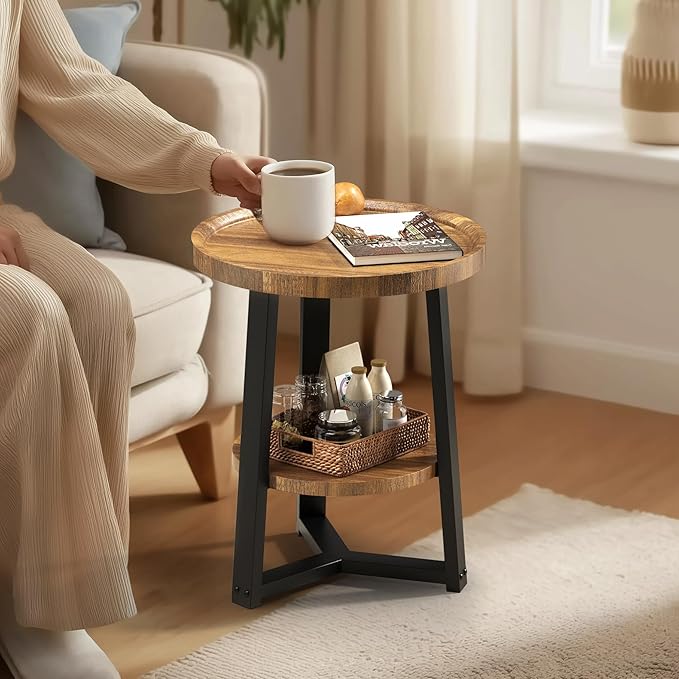PPAMAPIC Round End Table, 2 Tier Side Table with Storage Shelf, Nightstand Accent Table for Living Room Bedroom Small Space, Black Metal Frame, 15.7" D x 19.7" H, Rustic Brown
