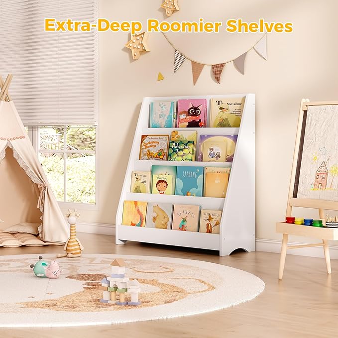 Tatub 4 Tier Kids Wooden Bookshelf, Toddler Sling Bookcase Montessori Bookshelf, Children Front Facing Book Shelf for Nursery, Playroom and Classroom, White
