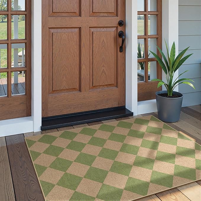 Lahome Green Checkered Easy Jute Rug, 3x5 Washable Outdoor Rug Neutral Rug for Entryway, Checkerboard Non Slip Non Shedding Floor Carpet for Living Room Front Door Porch