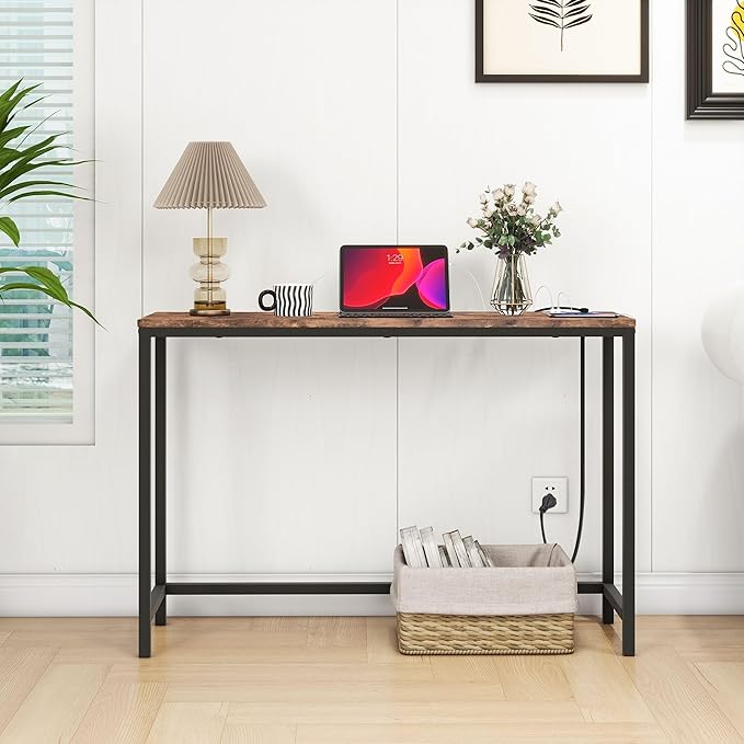HOMERECOMMEND Console Table with Power Outlets and USB Ports,Sofa Tables with Charging Station,for Hallway, Entryway,Behind Couch Table,Rustic Brown
