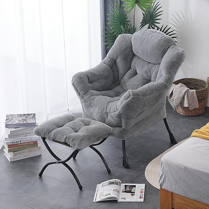LITA Lazy Chair with Ottoman, Modern Accent Leisure Upholstered Sofa, Contemporary Lounge Reading Chair with Armrests and a Side Pocket for Living Room, Bedroom & Small Space, Plush Grey