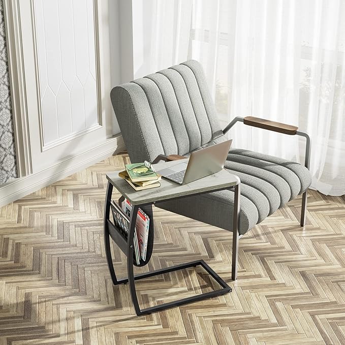 SRIWATANA Side End Tables Living Room, Vintage C-Shaped Laptop Table for Couch, Snack Table with Side Pocket, Light Grey