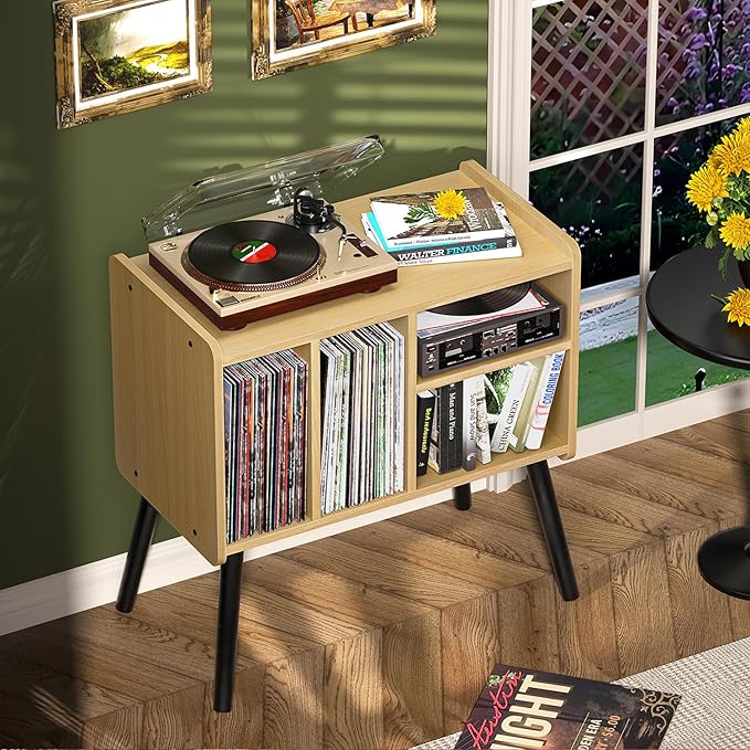 Record Player Table, Mid-Century Record Player Stand with Vinyl Storage Hold Up to 150+ Albums, Vinyl Record Cabinet with Adjustable Shelves, Wood Turntable Stand for Music Living Room (Walnut)